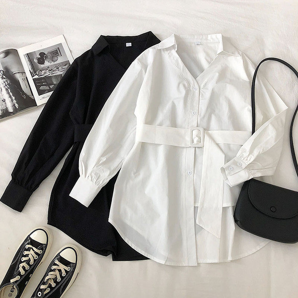 Női hosszú ing három színben V-nyakkal és övvel