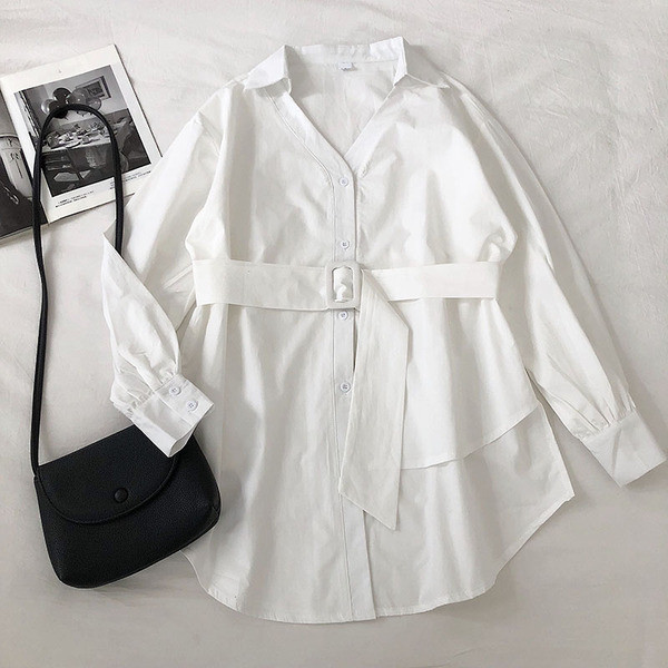 Női hosszú ing három színben V-nyakkal és övvel