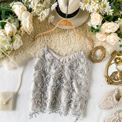 Stílusos női felső, flitterekkel és vékony pántokkal rózsaszín, fekete, barna és szürke színben