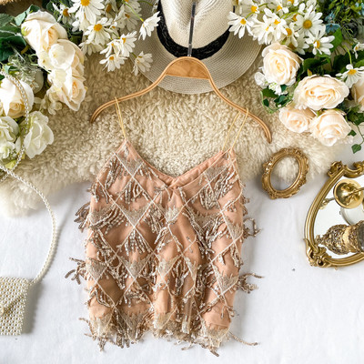 Stílusos női felső, flitterekkel és vékony pántokkal rózsaszín, fekete, barna és szürke színben