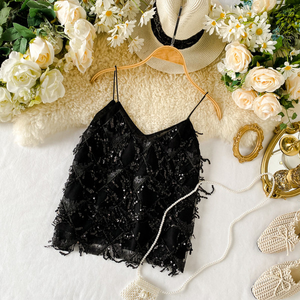 Stílusos női felső, flitterekkel és vékony pántokkal rózsaszín, fekete, barna és szürke színben