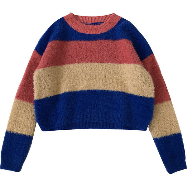 Ριγέ γυναικείο πουλόβερ με  λαιμόκοψη σε τρία χρώματα