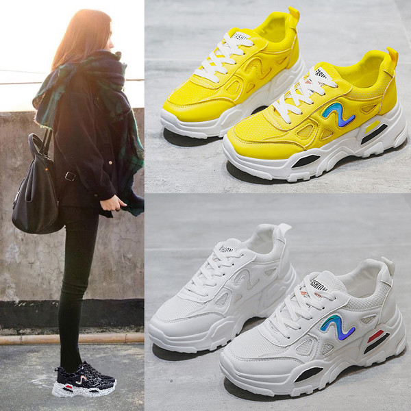 Γυναικεία αθλητικά  παπούτσια casual με παχιά πλατφόρμα  και κορδόνια σε κίτρινο, λευκό και μαύρο χρώμα