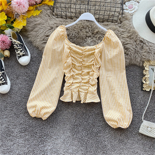 Γυναικείο μοντέρνο καρό μπλουζάκι με τετράγωνη λαιμόκοψη και φαρδιά μανίκια σε πέντε χρώματα