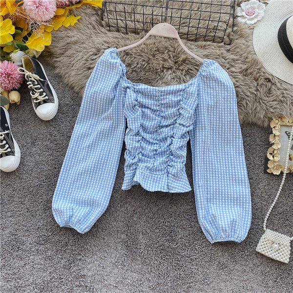 Γυναικείο μοντέρνο καρό μπλουζάκι με τετράγωνη λαιμόκοψη και φαρδιά μανίκια σε πέντε χρώματα