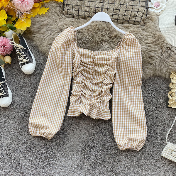 Γυναικείο μοντέρνο καρό μπλουζάκι με τετράγωνη λαιμόκοψη και φαρδιά μανίκια σε πέντε χρώματα