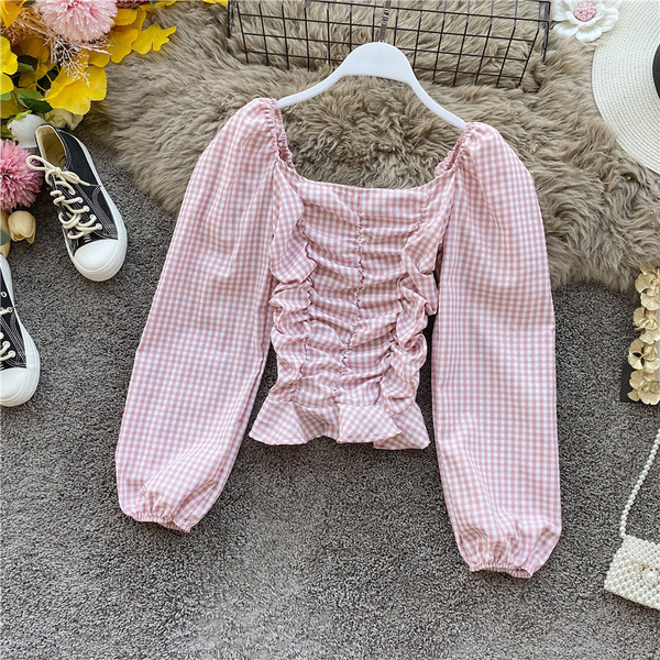 Γυναικείο μοντέρνο καρό μπλουζάκι με τετράγωνη λαιμόκοψη και φαρδιά μανίκια σε πέντε χρώματα