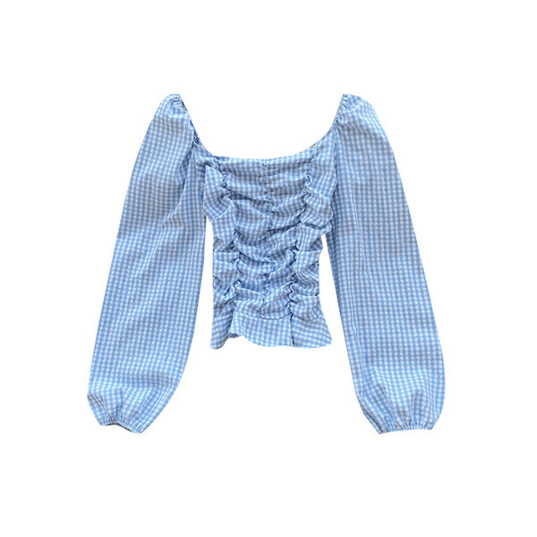 Γυναικείο μοντέρνο καρό μπλουζάκι με τετράγωνη λαιμόκοψη και φαρδιά μανίκια σε πέντε χρώματα