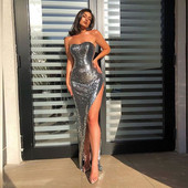 Model NOU rochie lunga eleganta cu fanta si paiete de culoare argintie