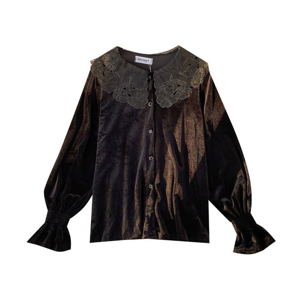 Modern női bársony ing csipkegallérral és gombokkal barna és fekete színben