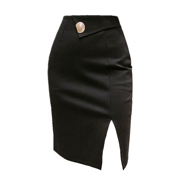 Κομψή γυναικεία φούστα  με ψηλή μέση. Κουμπιά και σχίσιμο σε μαύρο χρώμα