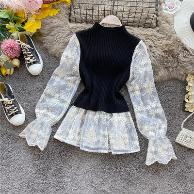 Új modell női pulóver magas gallérral és csipkeujjakkal barna, szürke és fekete színben