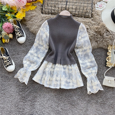 Új modell női pulóver magas gallérral és csipkeujjakkal barna, szürke és fekete színben