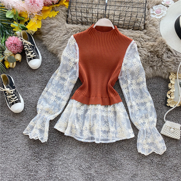 Új modell női pulóver magas gallérral és csipkeujjakkal barna, szürke és fekete színben