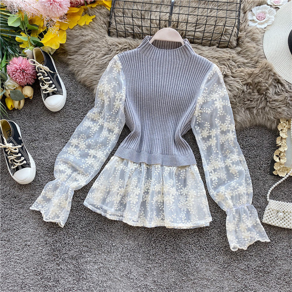 Új modell női pulóver magas gallérral és csipkeujjakkal barna, szürke és fekete színben