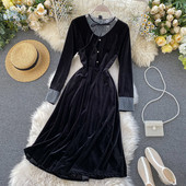 Modern női bársonyruha retro stílusban fekete színben