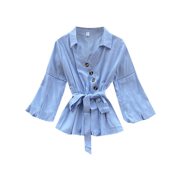 Stílusos női ing spitz nyakkivágással és derékkötővel kék, fehér, sárga, zöld és piros színben