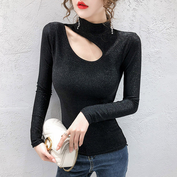 Bluză de damă strălucitoare în patru culori, cu mâneci lungi și guler semiînalt