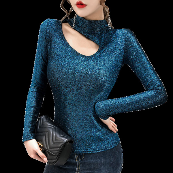 Bluză de damă strălucitoare în patru culori, cu mâneci lungi și guler semiînalt