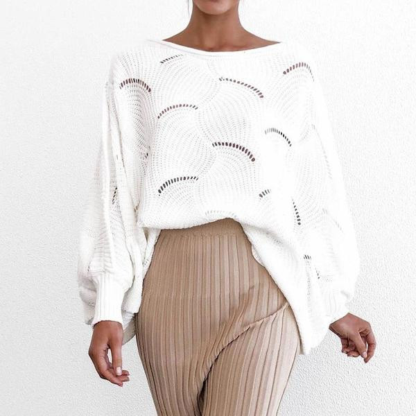 Νέο μοντέλο γυναικείο πλεκτό πουλόβερ με στρογγυλή λαιμόκοψη σε λευκό χρώμα -ευρύ μοντέλο
