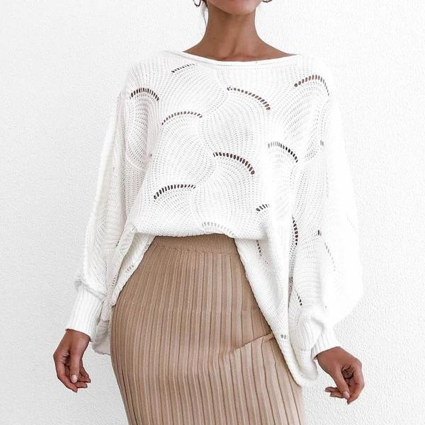 Νέο μοντέλο γυναικείο πλεκτό πουλόβερ με στρογγυλή λαιμόκοψη σε λευκό χρώμα -ευρύ μοντέλο