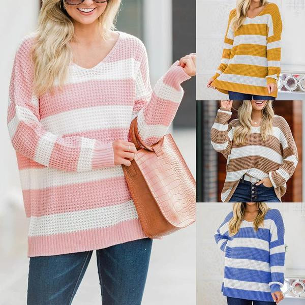 Γυναικείο πλεκτό πουλόβερ με λαιμόκοψη σε ροζ, κίτρινο, μπλε και καφέ χρώμα