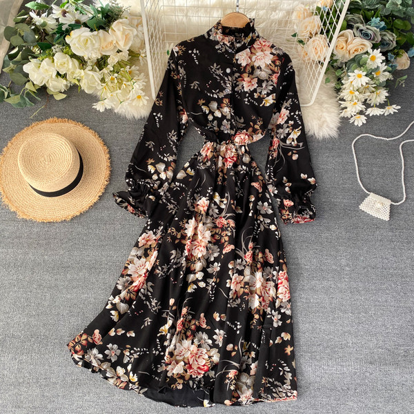 Rochie de dama moderna din sifon cu model floral in galben, negru si roz