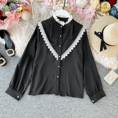 Modern női ing csipkével és magas gallérral, fekete, zöld, fehér, rózsaszín és bézs színben