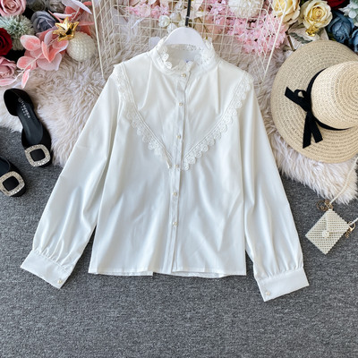 Modern női ing csipkével és magas gallérral, fekete, zöld, fehér, rózsaszín és bézs színben