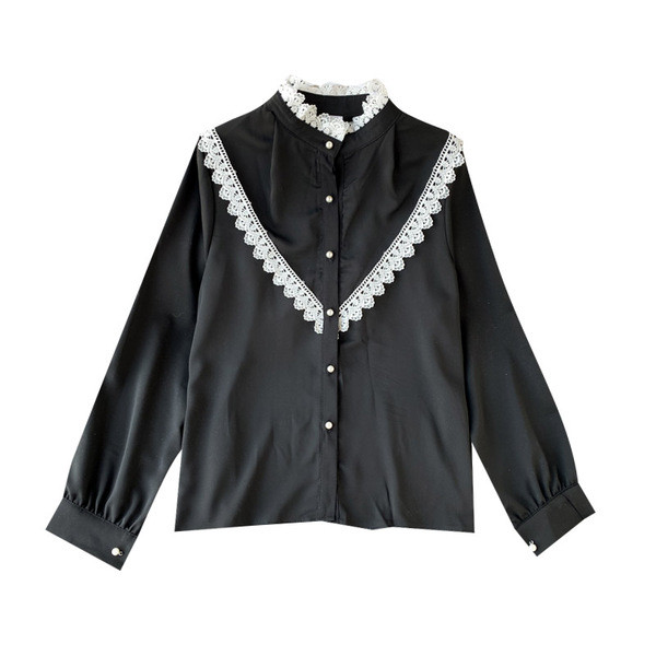 Modern női ing csipkével és magas gallérral, fekete, zöld, fehér, rózsaszín és bézs színben