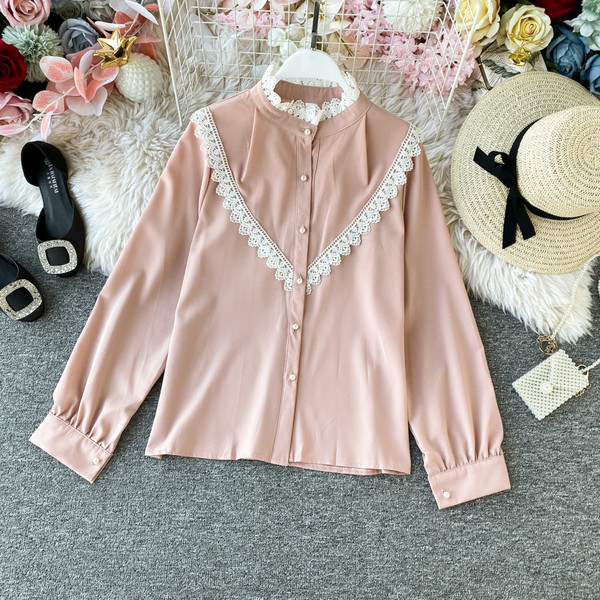 Modern női ing csipkével és magas gallérral, fekete, zöld, fehér, rózsaszín és bézs színben