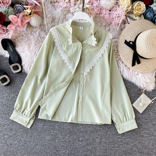 Modern női ing csipkével és magas gallérral, fekete, zöld, fehér, rózsaszín és bézs színben