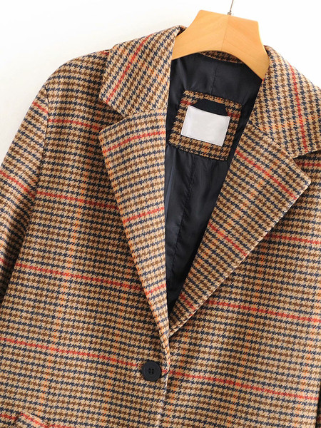 Μακρύ καρό παλτό με κουμπιά και τσέπες σε καφέ χρώμα