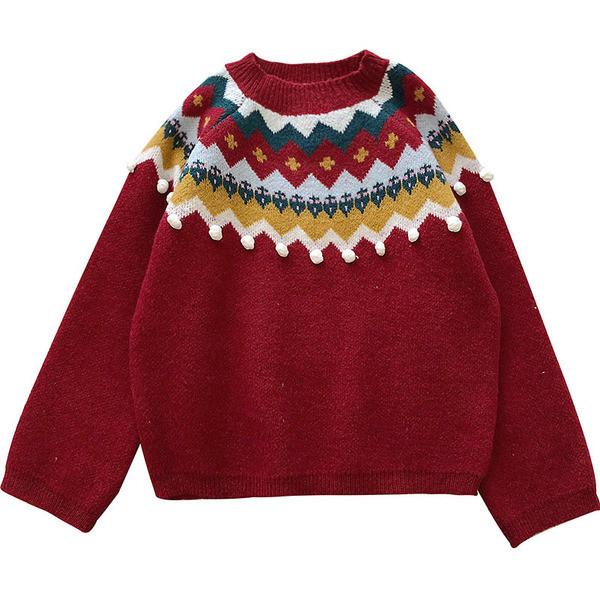 Καθημερινό γυναικείο πουλόβερ  σε πράσινο και κόκκινο  χρώμα με στρογγυλό λαιμόκοψη