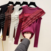 Γυναικείο Slim πλεκτό πουλόβερ με γυμνό ώμους και βολάν σε καφέ, μαύρο, μοβ και λευκό χρώμα