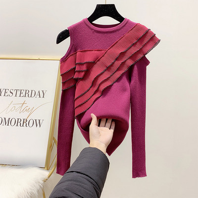 Γυναικείο Slim πλεκτό πουλόβερ με γυμνό ώμους και βολάν σε καφέ, μαύρο, μοβ και λευκό χρώμα