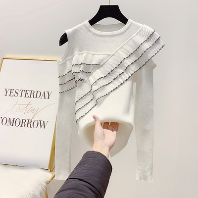 Γυναικείο Slim πλεκτό πουλόβερ με γυμνό ώμους και βολάν σε καφέ, μαύρο, μοβ και λευκό χρώμα