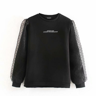 Bluză de damă modernă cu inscripție și mâneci cu tul negru