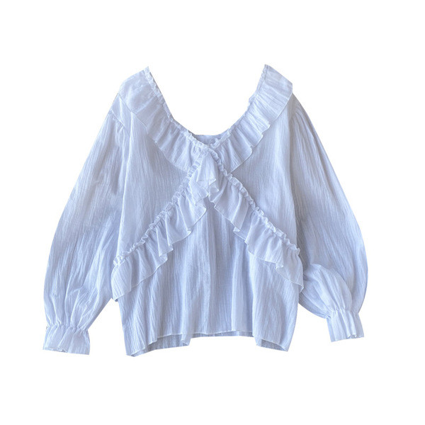 Κομψό γυναικείο πουκάμισο με λαιμόκοψη και μακριά μανίκια σε λευκό και καφέ χρώμα