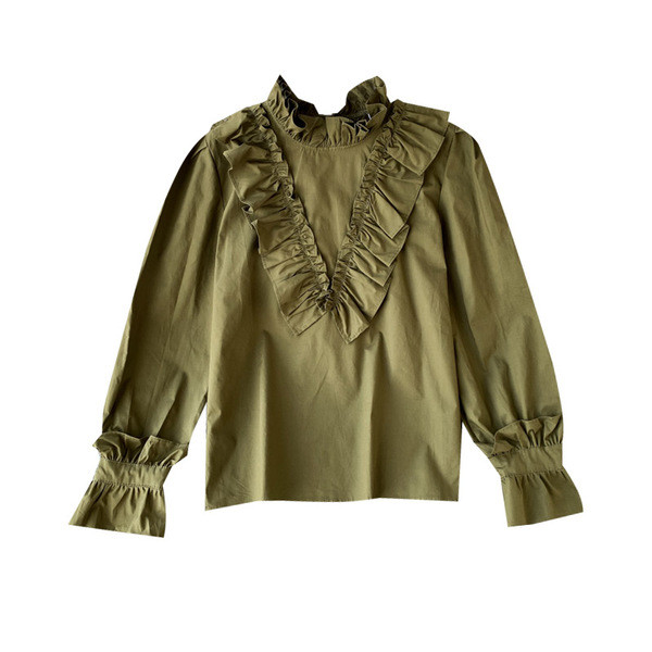 Γυναικείο casual πουκάμισο με ψηλό γιακά και βολάν σε λευκό και πράσινο χρώμα