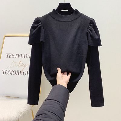 Μοντέρνο γυναικείο πουλόβερ με κολάρο και μακρύ μανίκι σε πράσινο, μπεζ και μαύρο χρώμα