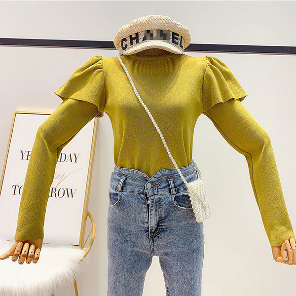 Μοντέρνο γυναικείο πουλόβερ με κολάρο και μακρύ μανίκι σε πράσινο, μπεζ και μαύρο χρώμα