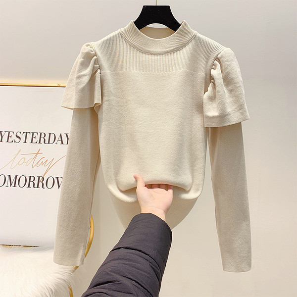 Μοντέρνο γυναικείο πουλόβερ με κολάρο και μακρύ μανίκι σε πράσινο, μπεζ και μαύρο χρώμα