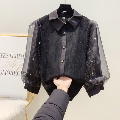 Γυναικεία δαντελένιο πουκάμισο με κλασικό γιακά και μανίκια 7/8 με μαργαριτάρι σε λευκό, μαύρο και ροζ χρώμα