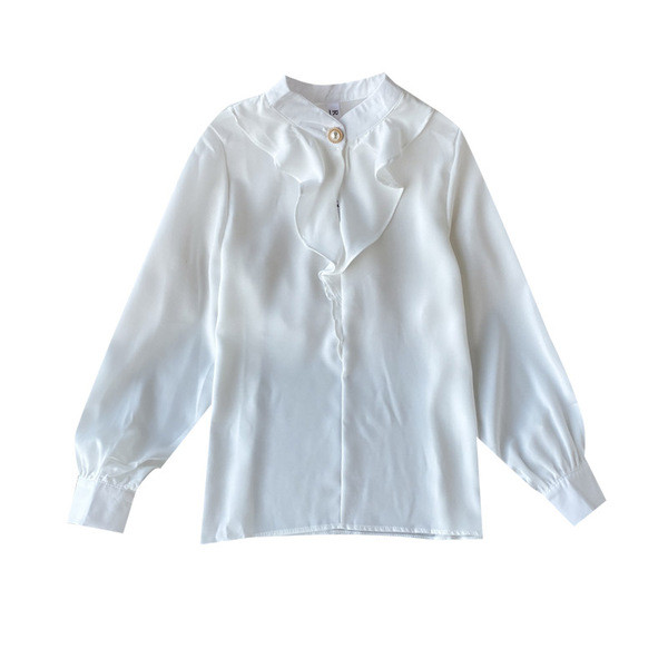 Μοντέρνο γυναικείο πουκάμισο με βολάν και μακριά μανίκια σε λευκό, μαύρο και μπεζ χρώμα