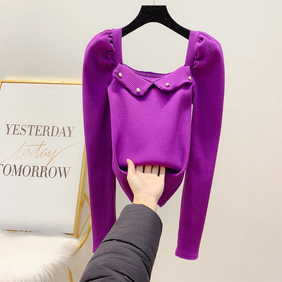 Γυναικείο πουλόβερ με μανίκι βολάν  και τετράγωνη λαιμόκοψη σε γκρι, ροζ, μοβ και μαύρο χρώμα