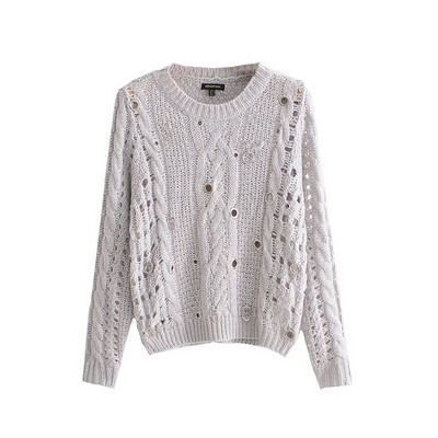 Μοντέρνο φθινόπωρο-χειμωνιάτικο πουλόβερ με μεταλλικά στοιχεία σε γκρι χρώμα