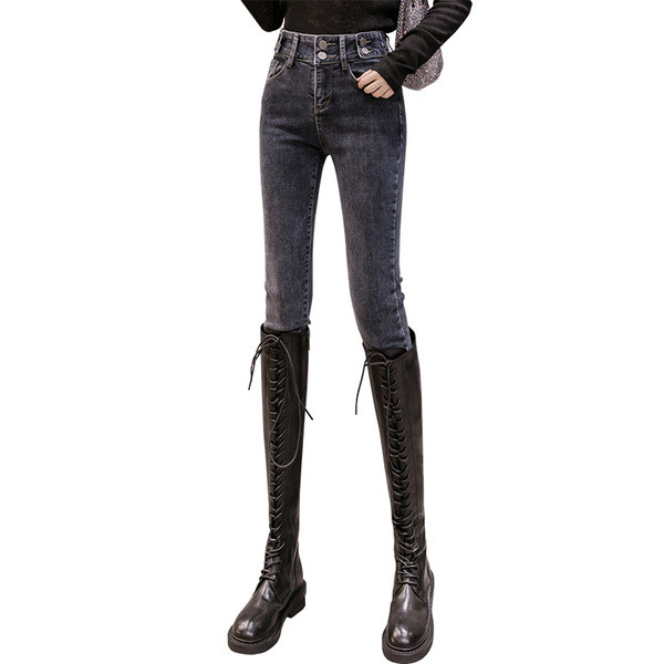 Blugi de dama moderni cu talie inalta Model Slim in albastru si gri