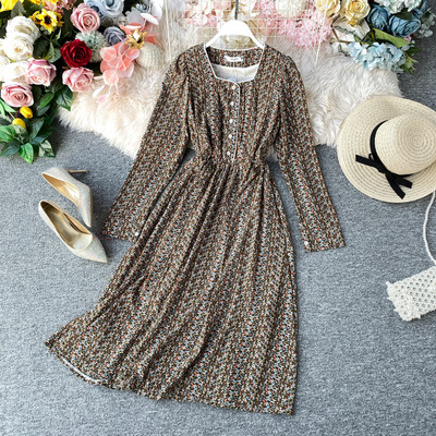 Μοντέρνο γυναικείο φόρεμα μακρύ μανίκι με τετράγωνη λαιμόκοψη σε έξι χρώματα