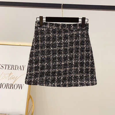 Női kockás tweed szoknya, A-vonalú, magas derékkal, fekete és bézs színben